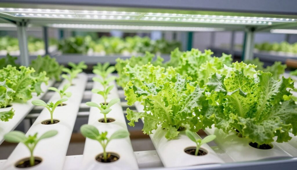 Healthy lettuce plants at various growth stages in hydroponic system Healthy lettuce plants at various growth stages in hydroponic system