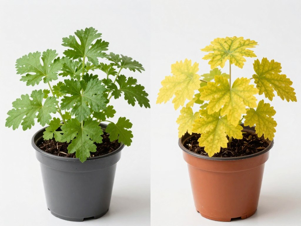 Healthy vs unhealthy indoor herbs showing common problems