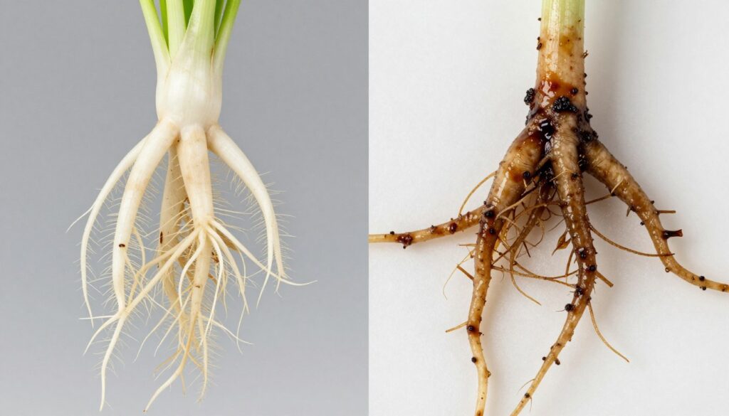 Healthy white hydroponic roots compared to brown diseased roots Healthy white hydroponic roots compared to brown diseased roots