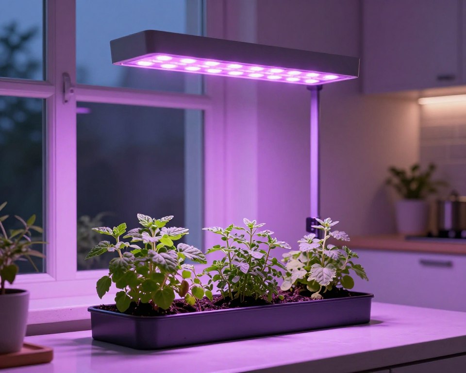 Herb garden under supplemental grow lights Herb garden under supplemental grow lights