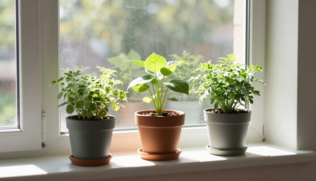 Herb plants on a sunny windowsill receiving optimal natural light