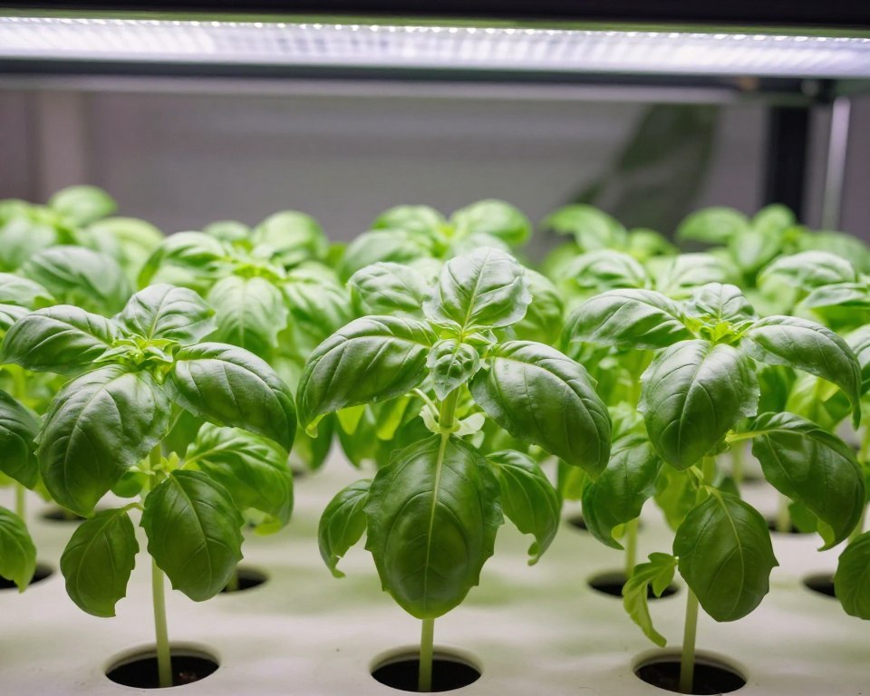 Hydroponic basil plants with lush green leaves growing in indoor system Hydroponic basil plants with lush green leaves growing in indoor system