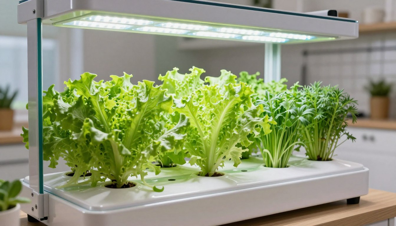 Hydroponic gardening system with fresh lettuce and herbs growing in nutrient solution under LED lights