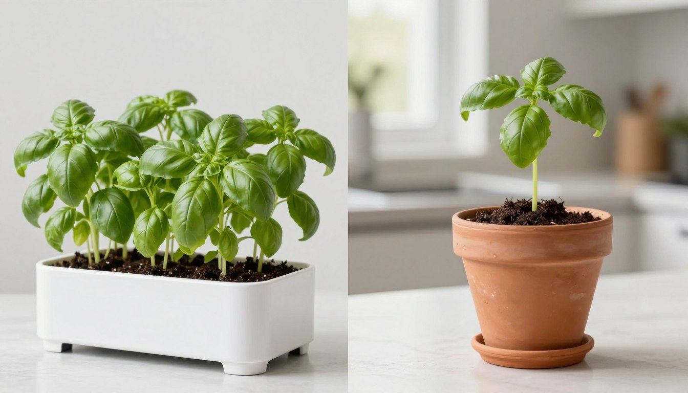 Hydroponic herb kits vs soil comparison showing fresh basil growing in both systems side by side