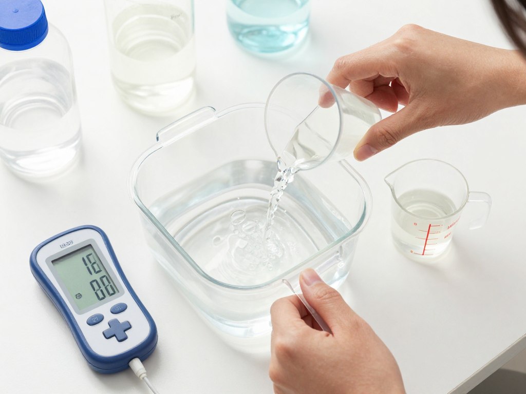 Hydroponic nutrients being mixed into reservoir water with pH and EC meters testing solution