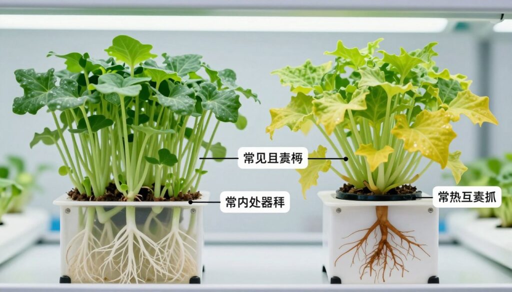 Hydroponic plant problems and solutions showing healthy versus unhealthy growth