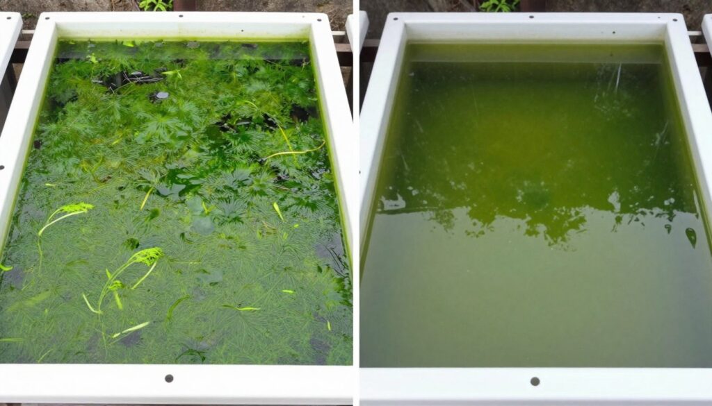 Hydroponic reservoir with algae growth versus clean system comparison