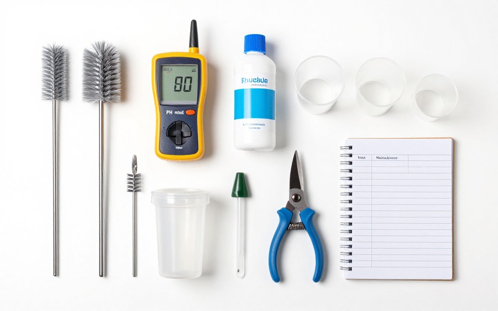 Hydroponic system maintenance tools and cleaning supplies organized on table