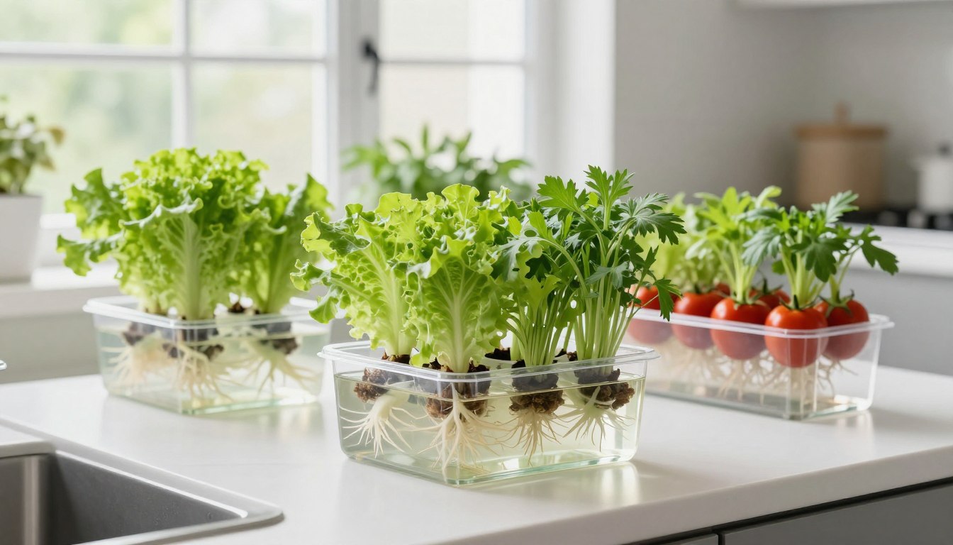 Hydroponic systems for beginners showing various setups with plants growing in nutrient solution