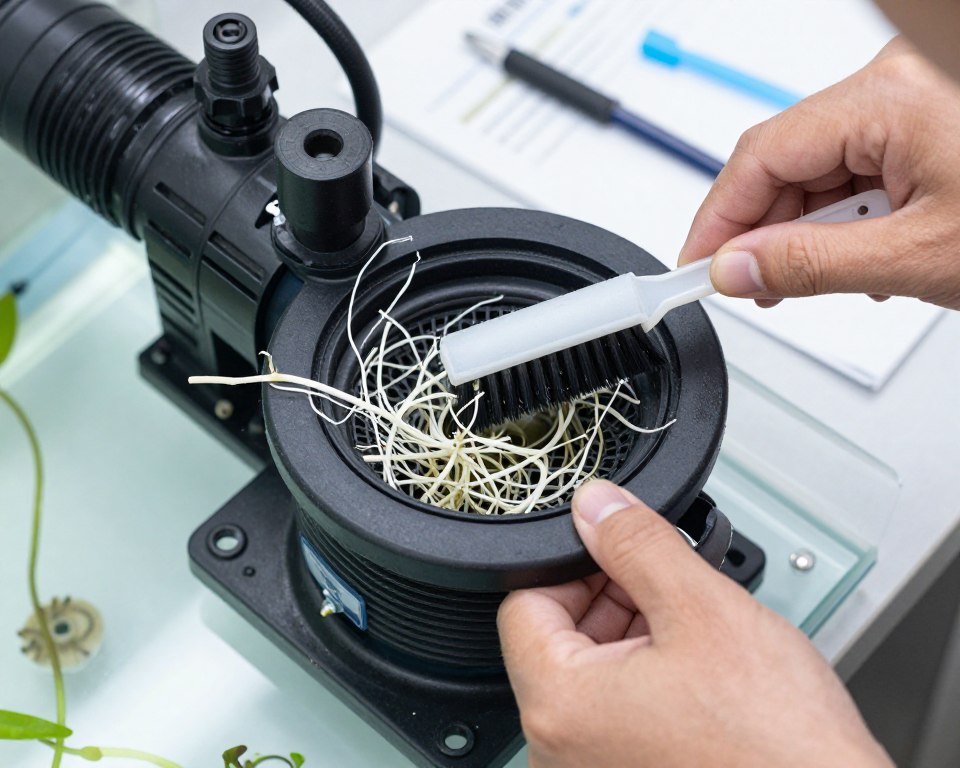 Hydroponic water pump being cleaned with roots removed from intake