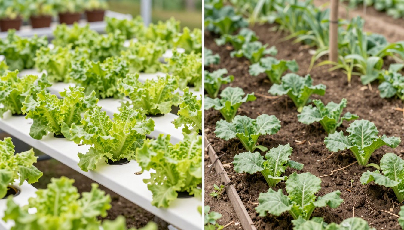 Hydroponics vs soil gardening comparison showing hydroponic system and traditional soil garden side by side
