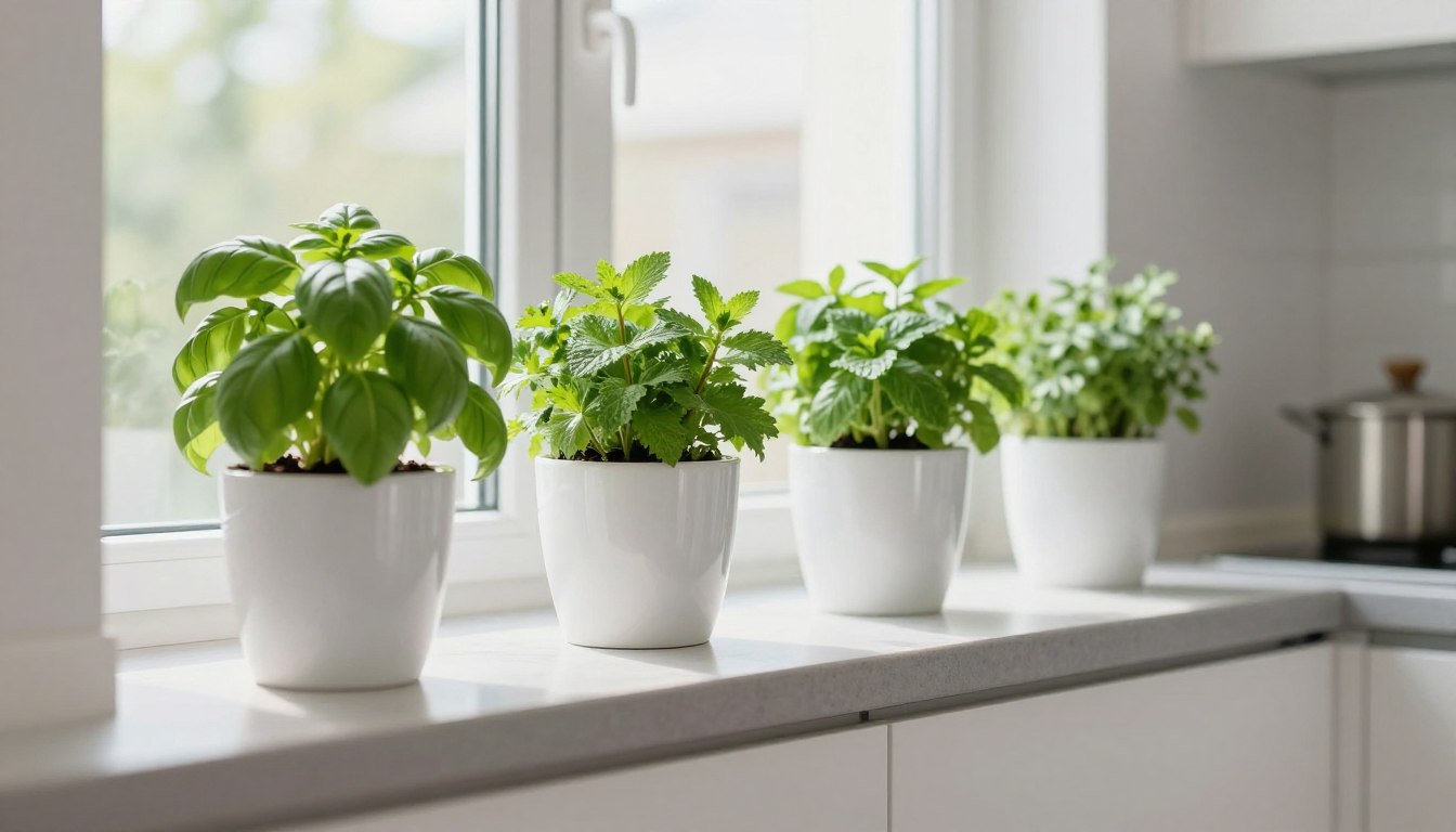 Indoor Herb Garden Setup in small kitchen with fresh basil, mint, and parsley growing in white containers on sunny windowsill