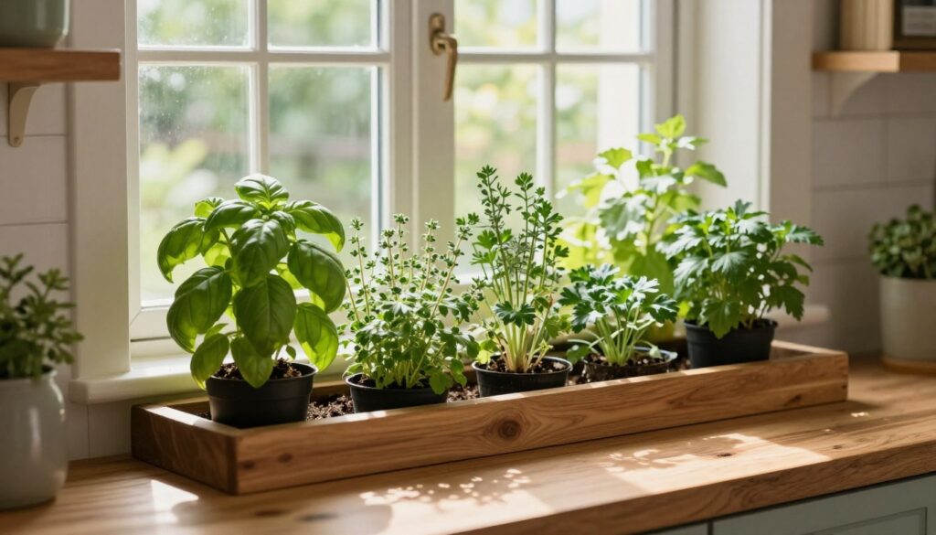 Indoor herb garden setup complete in small kitchen with thriving herbs ready for harvest