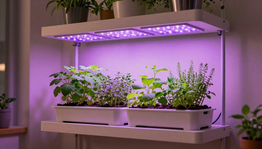 Indoor herb garden with grow lights for apartment without balcony