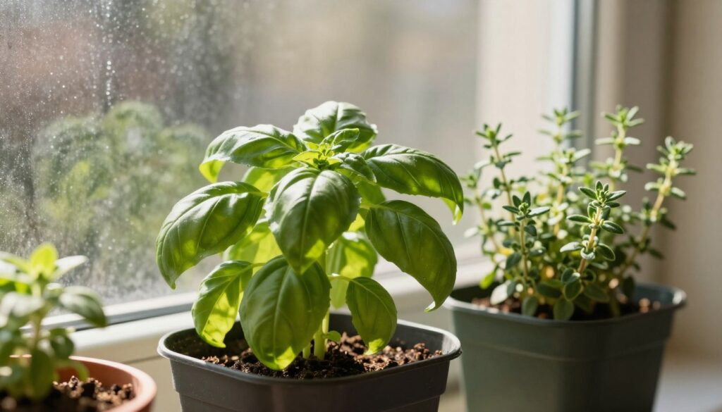 Indoor herbs positioned on sunny windowsill receiving natural light in small kitchen
