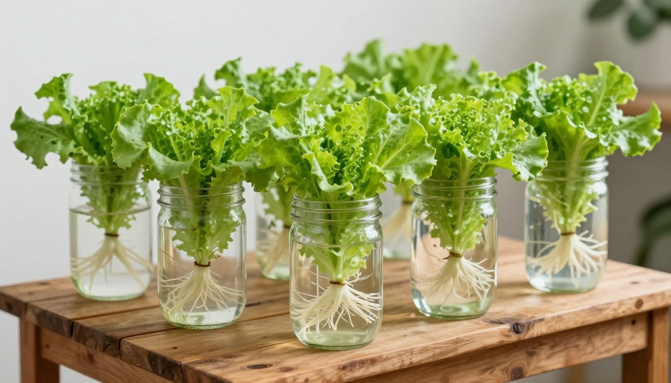 Kratky Method hydroponic system with lettuce growing in mason jars on wooden shelf