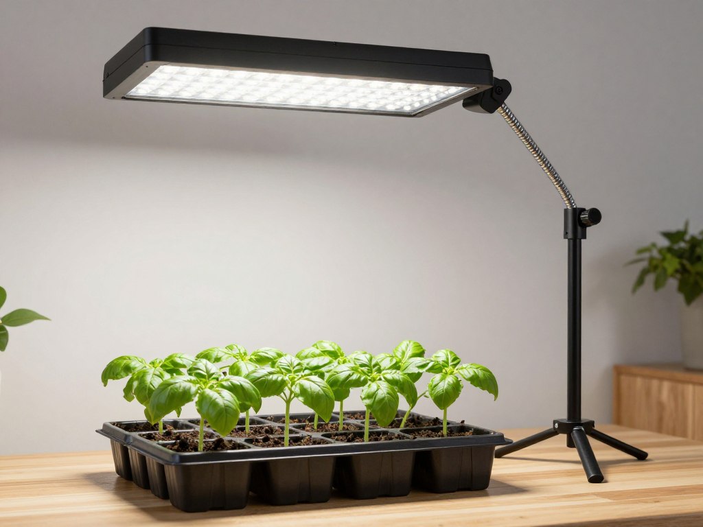 LBW LED grow light on adjustable tripod stand with flexible gooseneck illuminating seedlings
