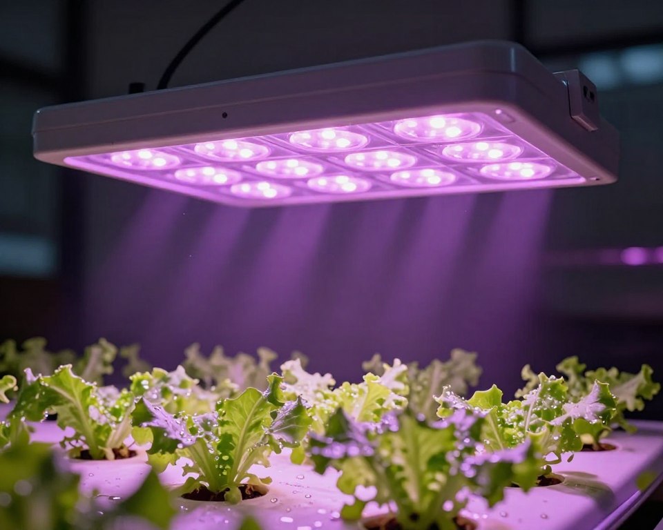 LED grow light panel illuminating lettuce in hydroponic system LED grow light panel illuminating lettuce in hydroponic system