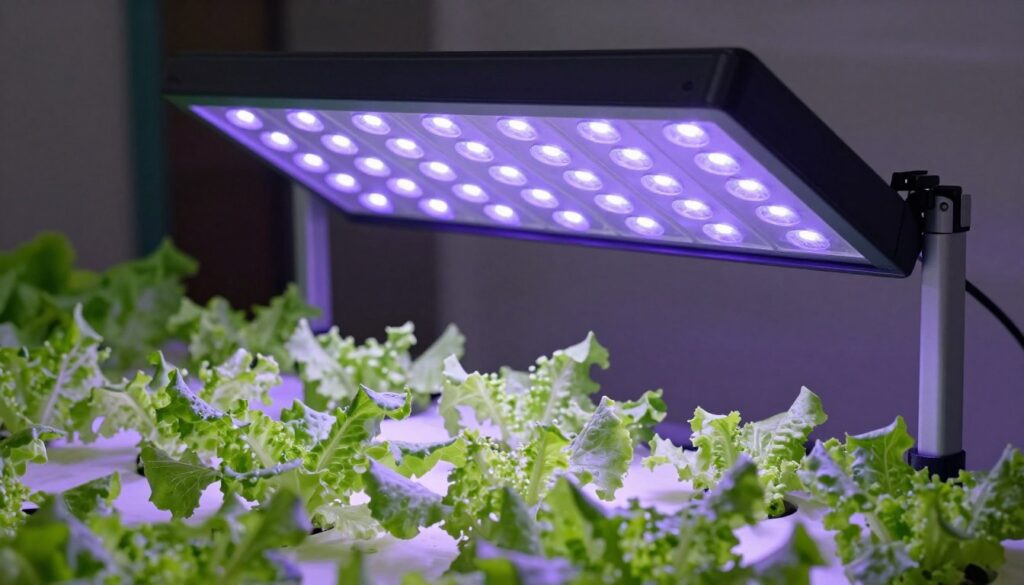 LED grow lights illuminating healthy lettuce plants in indoor hydroponic setup LED grow lights illuminating healthy lettuce plants in indoor hydroponic setup