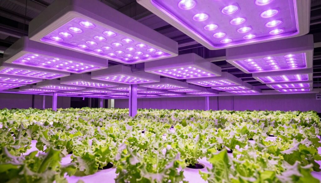 LED grow lights positioned above hydroponic vegetable plants