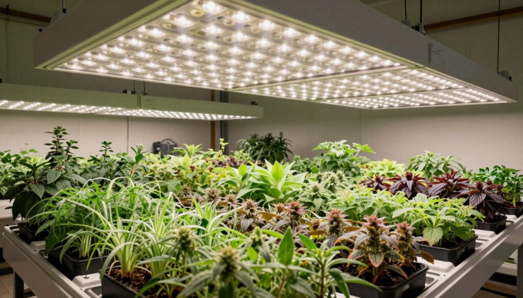 Large LED grow light panel illuminating extensive indoor herb garden with multiple varieties