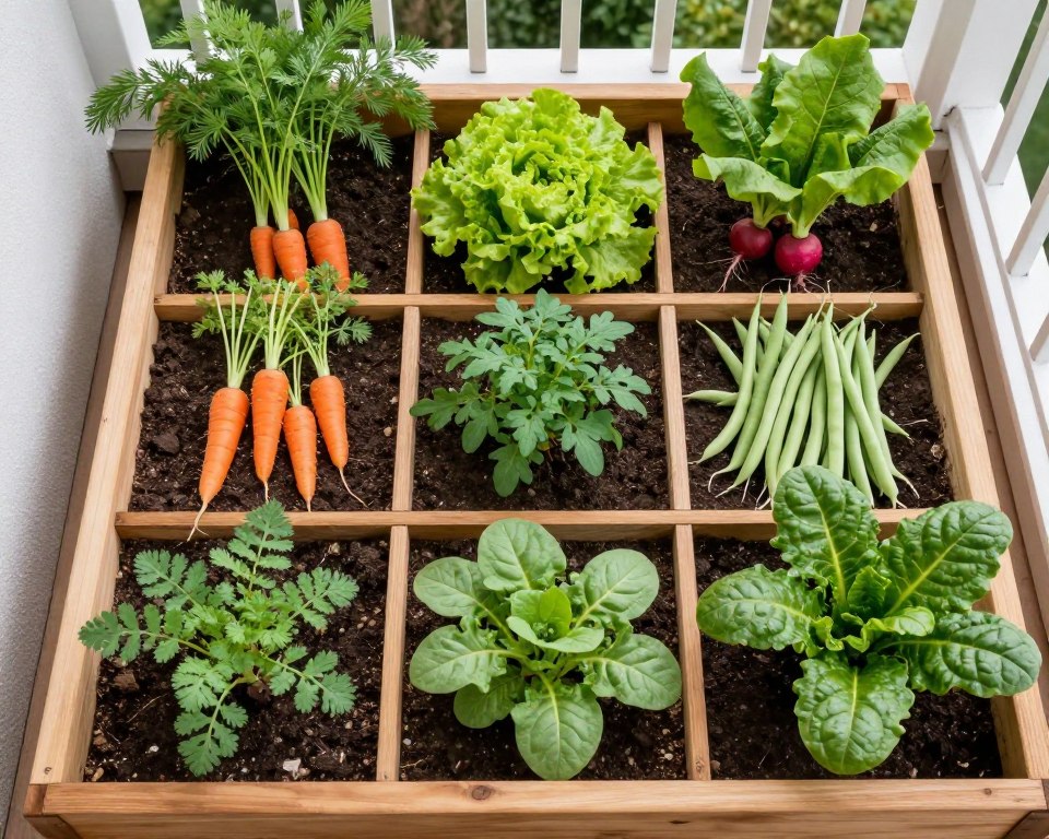 Large rectangular container on balcony divided into square foot grid with different vegetables in each section