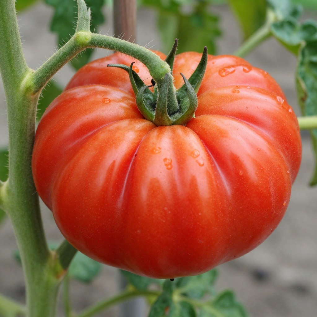 Large red slicing tomato on the plant