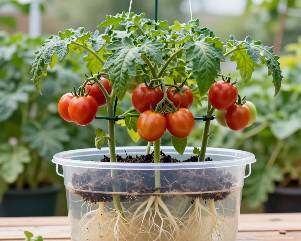 Large tomato plant with ripe fruit in hydroponic bucket Large tomato plant with ripe fruit in hydroponic bucket
