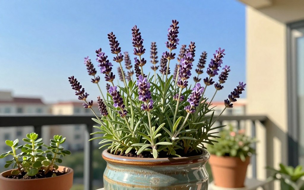 Lavender plant in bloom in a container on a sunny balcony Lavender plant in bloom in a container on a sunny balcony