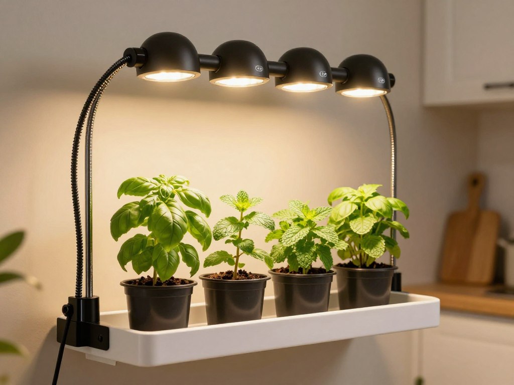 Leoter four head grow light with flexible gooseneck arms clamped to kitchen shelf above herb pots