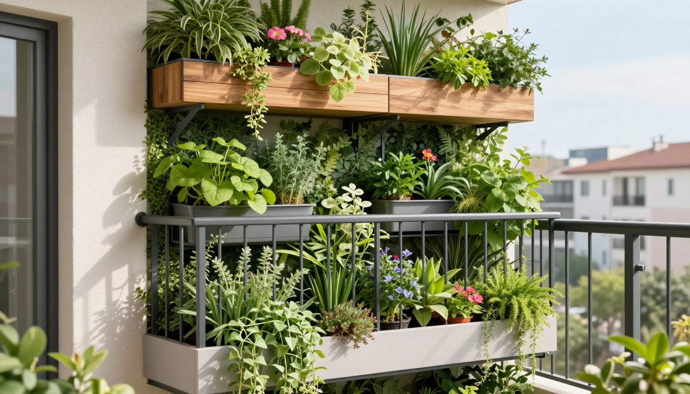 Lush vertical garden on small apartment balcony with herbs and flowers