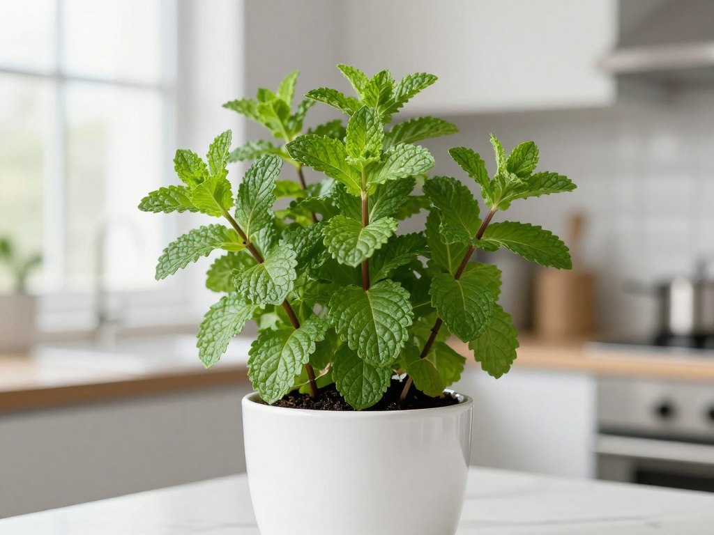 Mint plant with characteristic serrated leaves growing in a container indoors