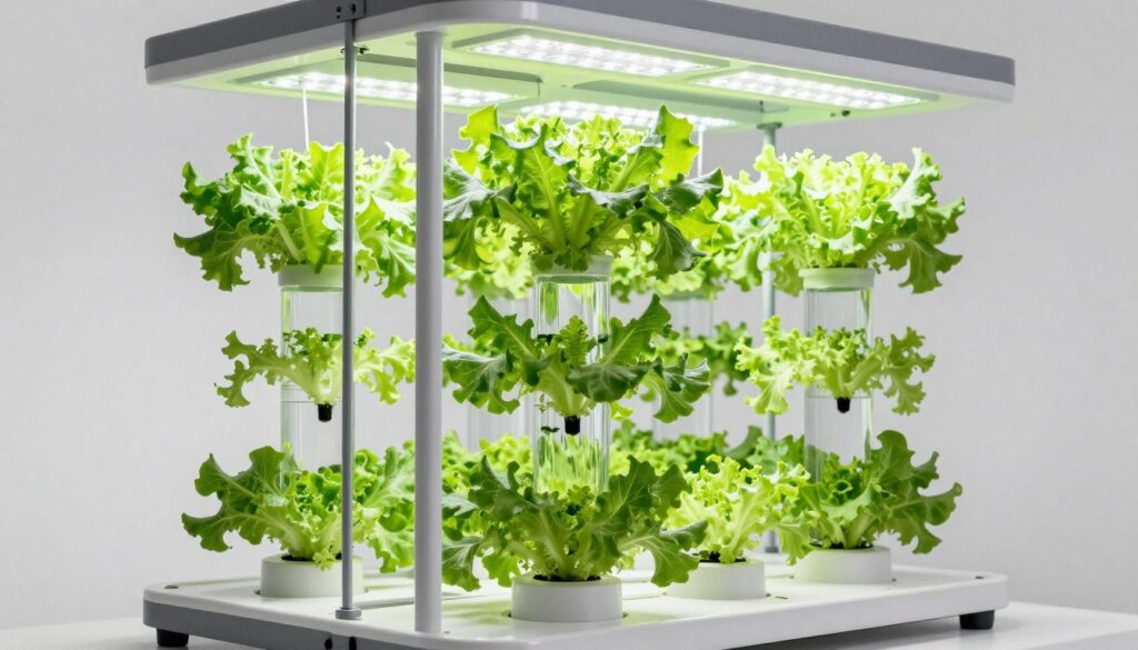 Modern hydroponic system showing plants growing in nutrient solution without soil