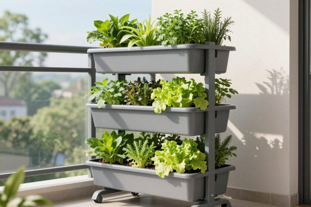 Modern stackable vertical planter tower with herbs and vegetables