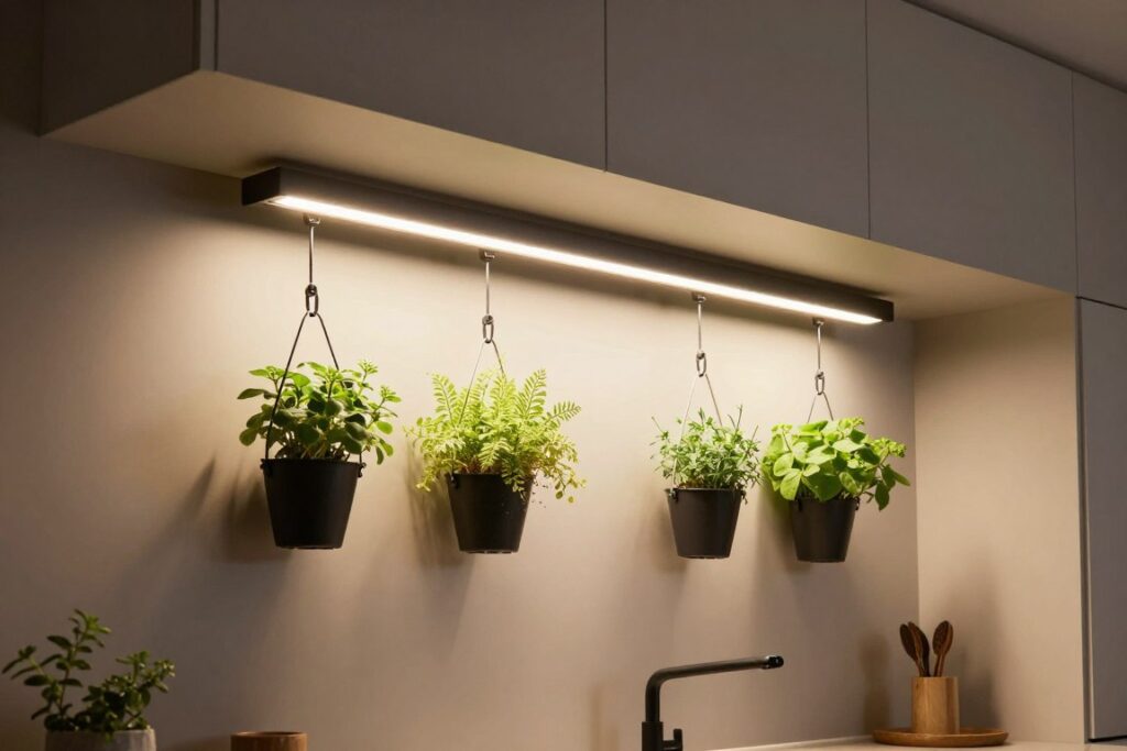 Modern wall-mounted LED grow light bar illuminating hanging herb planters