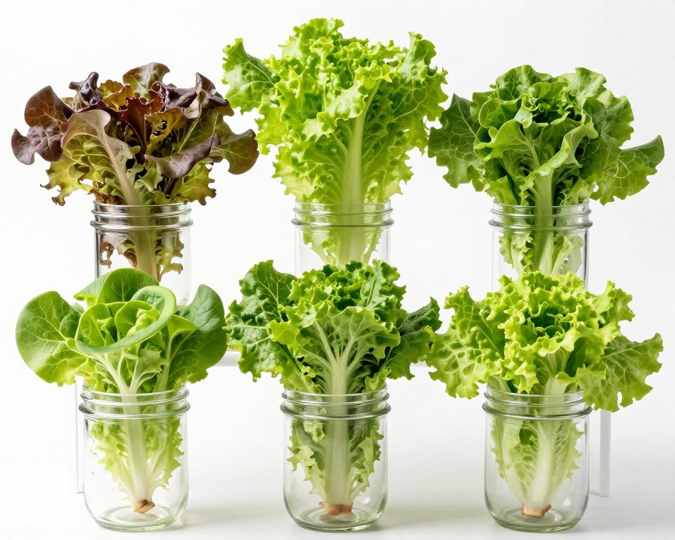 Multiple lettuce varieties growing in mason jar Kratky systems Multiple lettuce varieties growing in mason jar Kratky systems