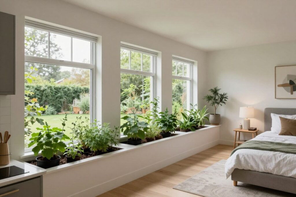 Multiple windowsills throughout home filled with herb gardens Multiple windowsills throughout home filled with herb gardens