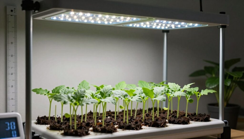 Newly transplanted seedlings in hydroponic system under LED grow lights