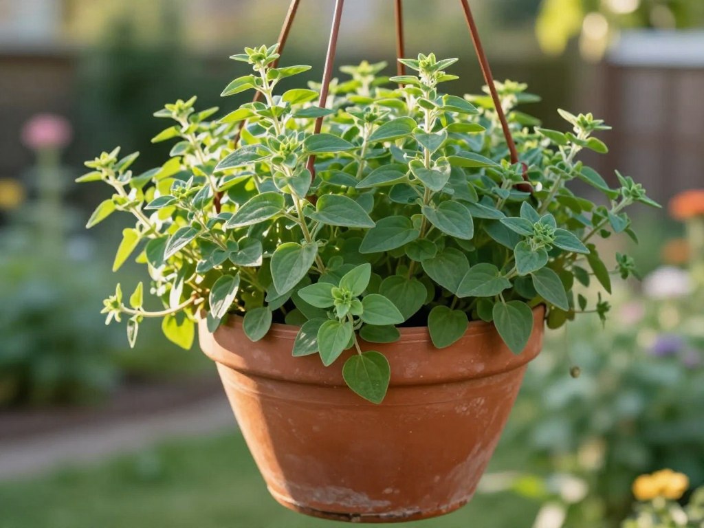 Oregano plant cascading over the edge of a hanging basket Oregano plant cascading over the edge of a hanging basket