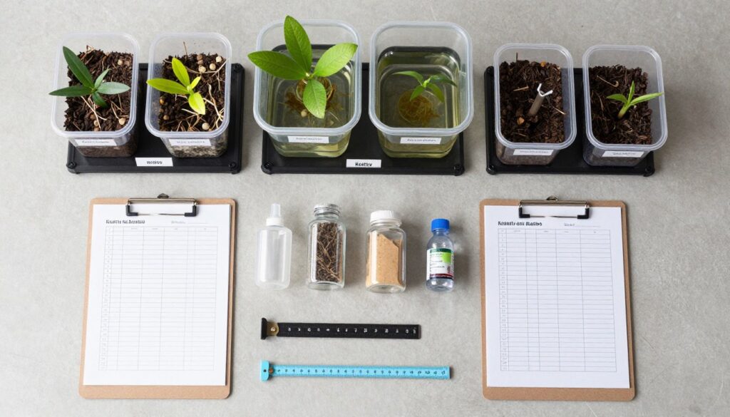 Organized growing station with labeled containers and tracking system