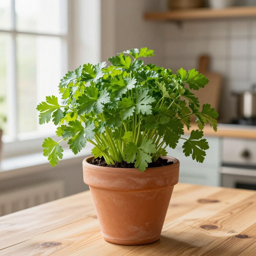 Parsley growing indoors in pot without balcony requirement