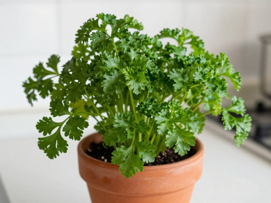 Parsley plant with curly or flat leaves growing in an indoor pot