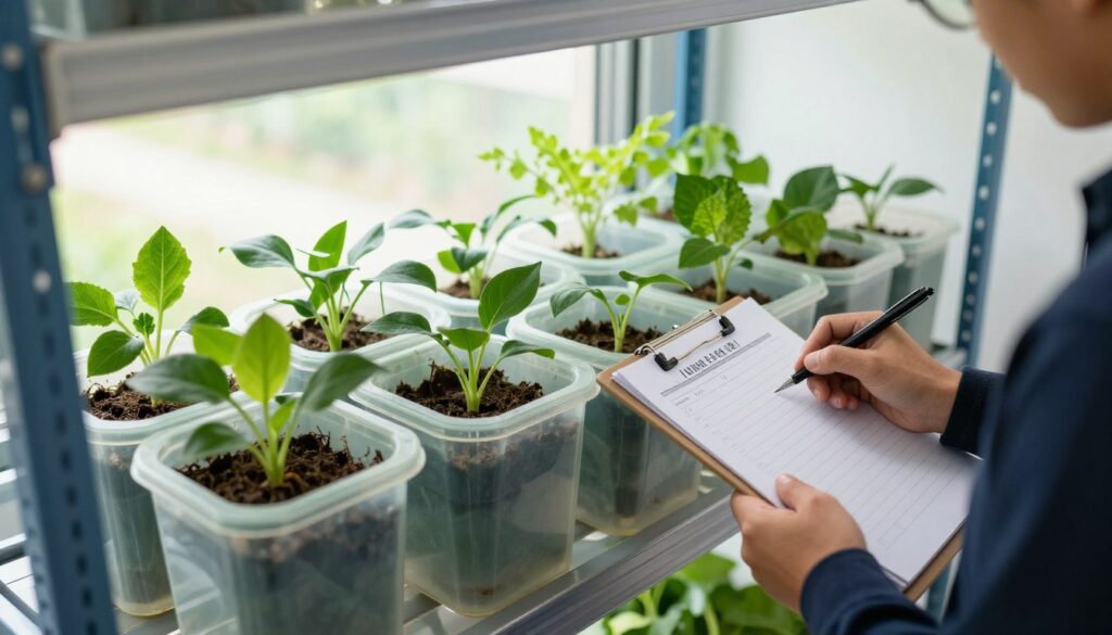 Person checking and monitoring Kratky hydroponic systems on shelf Person checking and monitoring Kratky hydroponic systems on shelf