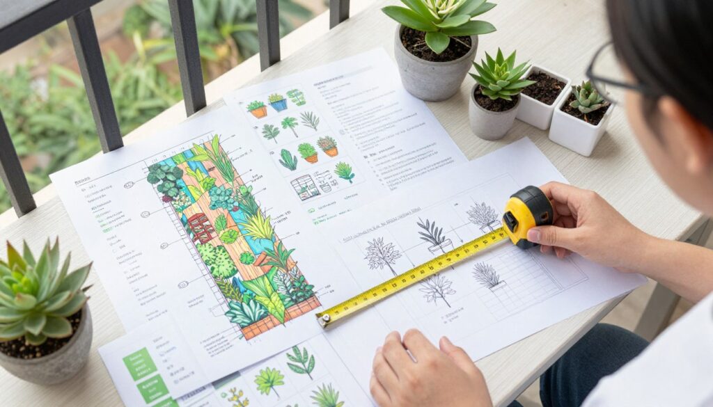 Person measuring balcony space with planning tools and plant sketches