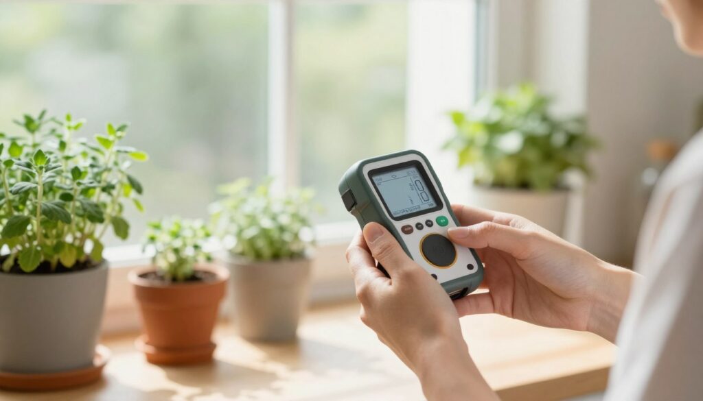 Person measuring sunlight on a windowsill with a light meter Person measuring sunlight on a windowsill with a light meter