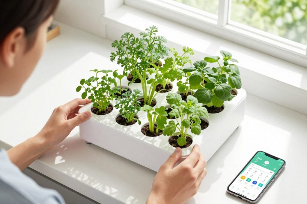 Person tending to hydroponic herb garden on kitchen counter Person tending to hydroponic herb garden on kitchen counter
