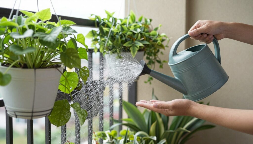 Person watering vertical balcony garden with watering can