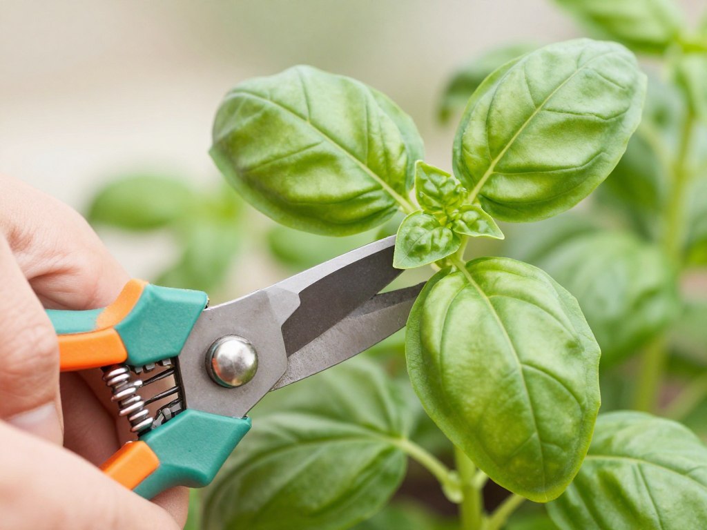 Proper pruning technique for basil showing where to cut above leaf nodes