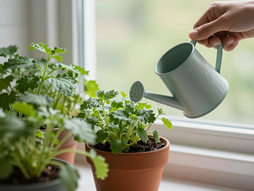 Proper watering technique for indoor herbs without balcony