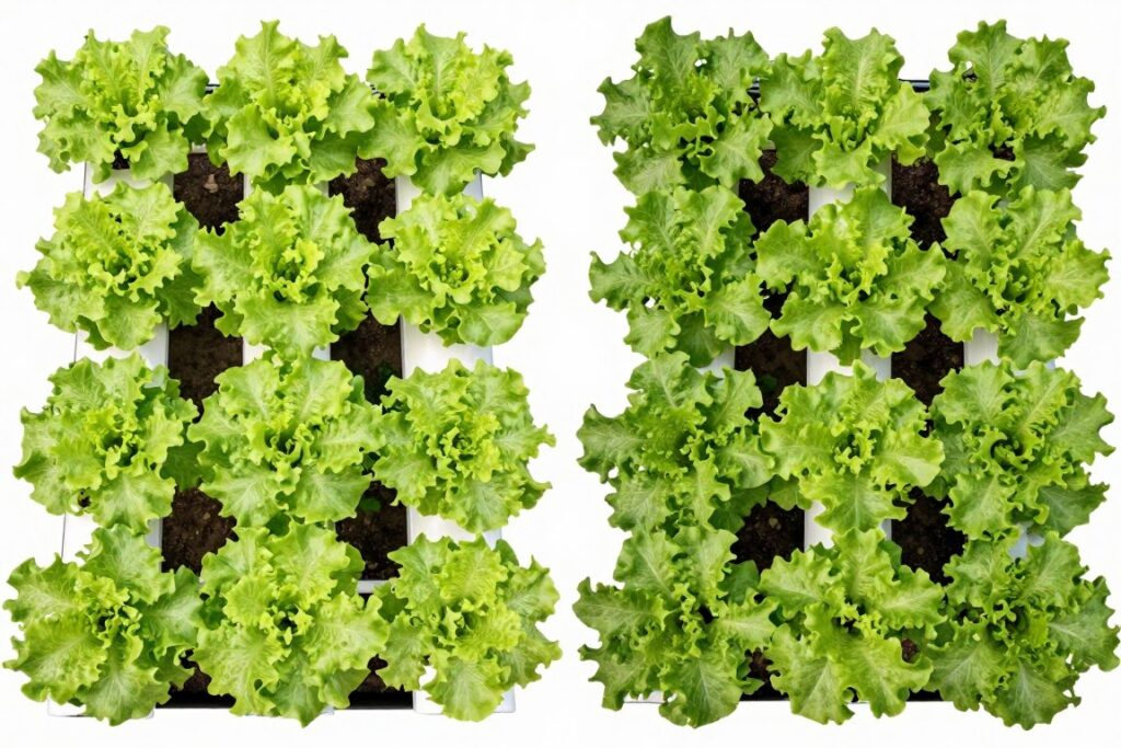 Properly spaced hydroponic plants versus overcrowded system